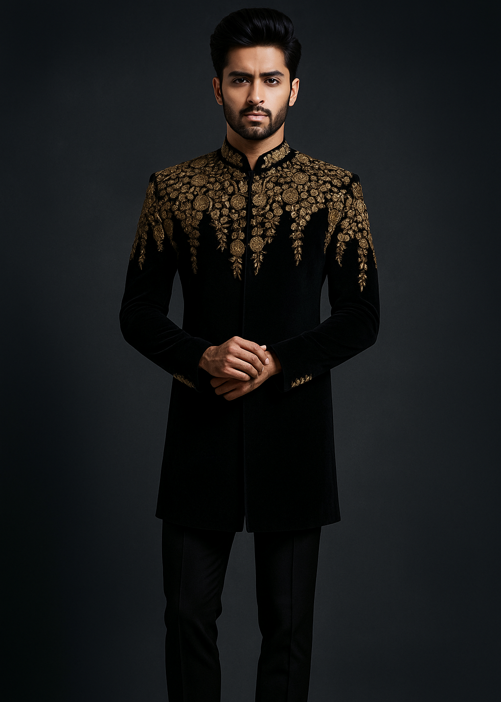 Black Zardozi Hand Embroidered Mid Length Sherwani