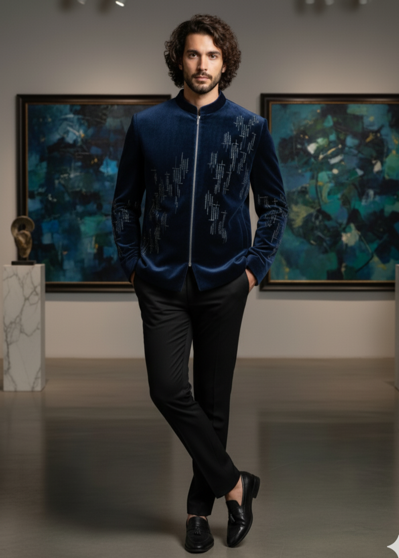 Blue Velvet Geometrical Embroidered Bandhgala Suit