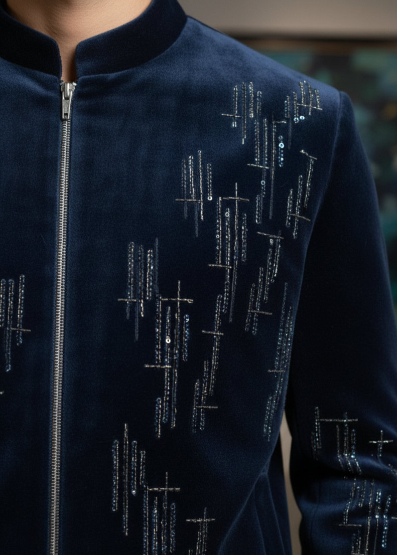 Blue Velvet Geometrical Embroidered Bandhgala Suit