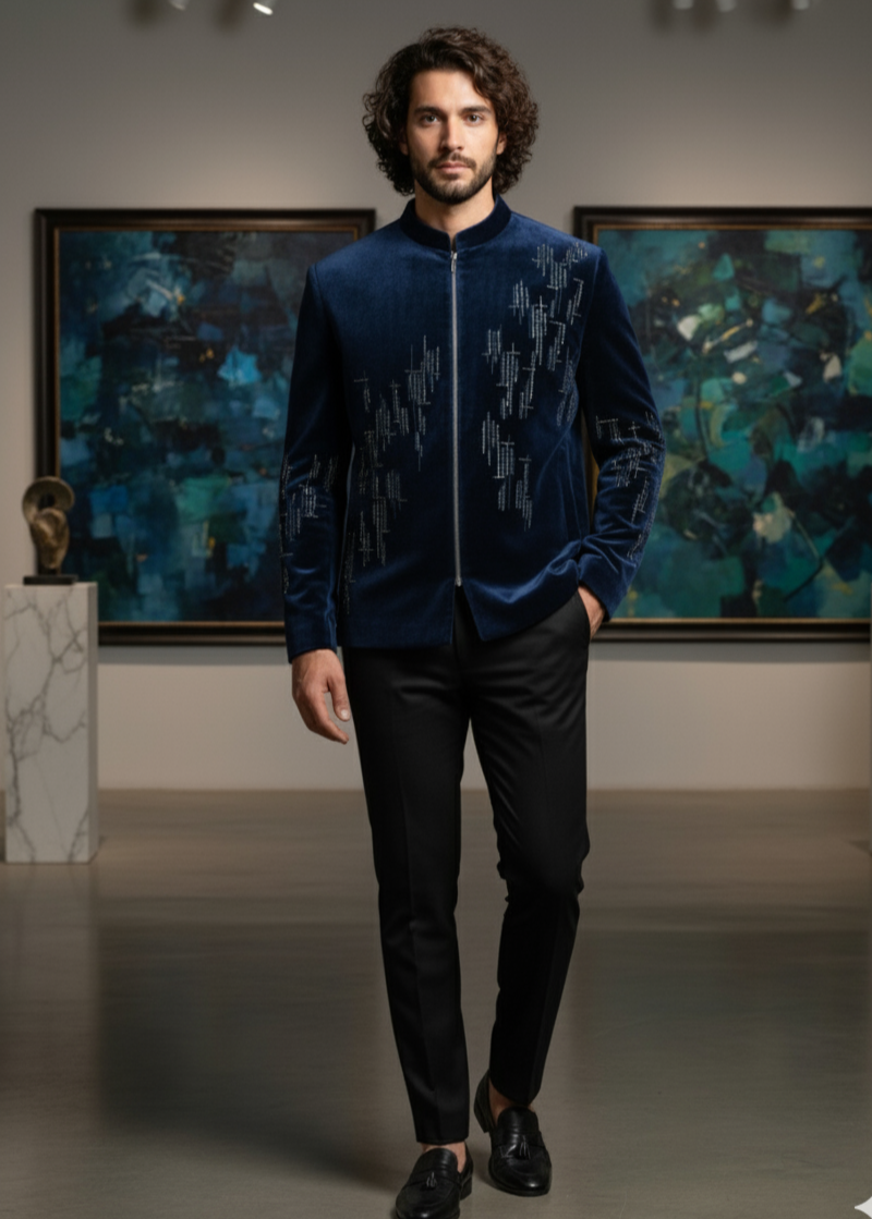 Blue Velvet Geometrical Embroidered Bandhgala Suit