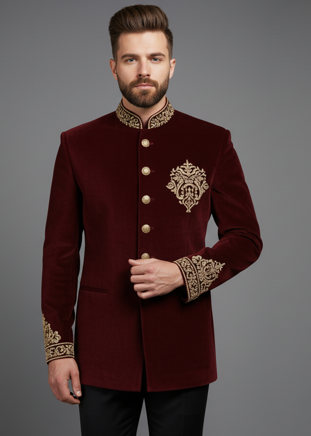 Burgundy Velvet Embroidered Jodhpuri Suit