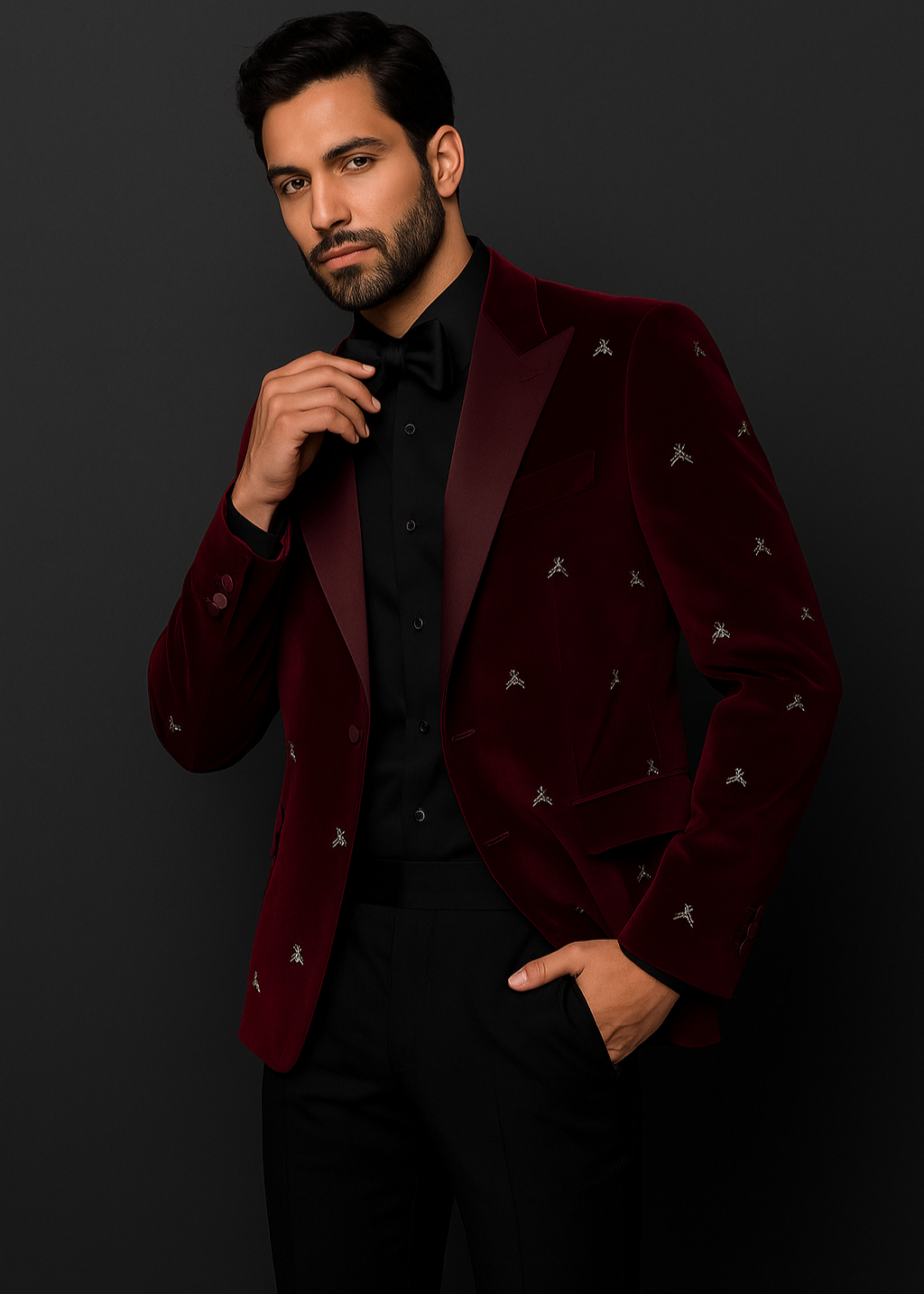 Man wearing a burgundy blazer with white embroidery on a black background