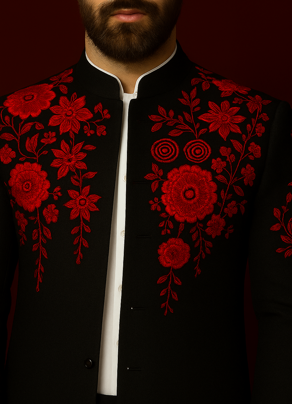 Wedding Black Red Embroidered Indo Western Jacket Suit