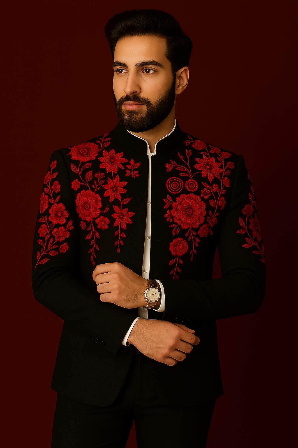 Wedding Black Red Embroidered Indo Western Jacket Suit