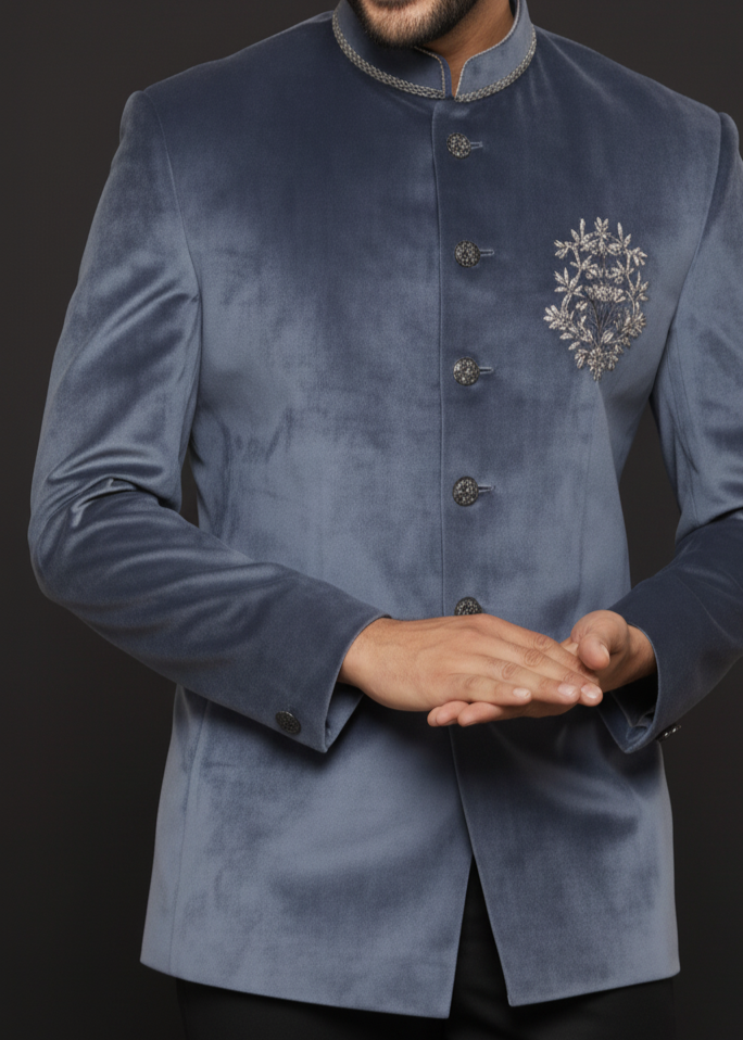 Grey Velvet Jodhpuri Suit with Silver Embroidery
