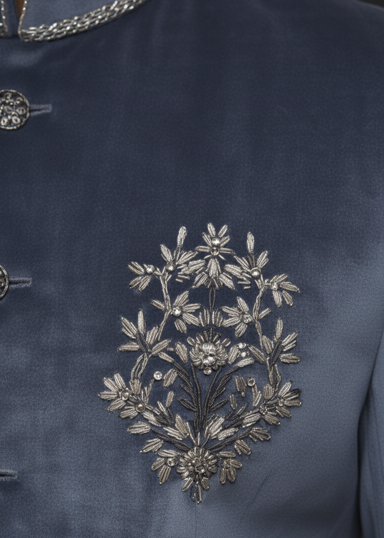 Grey Velvet Jodhpuri Suit with Silver Embroidery