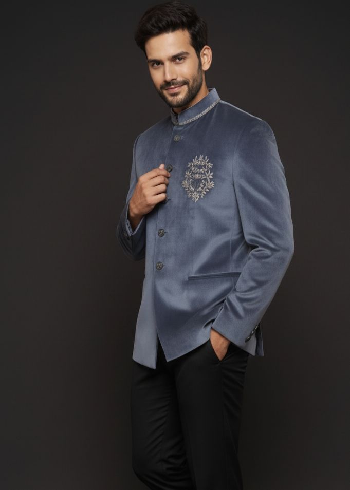 Grey Velvet Jodhpuri Suit with Silver Embroidery