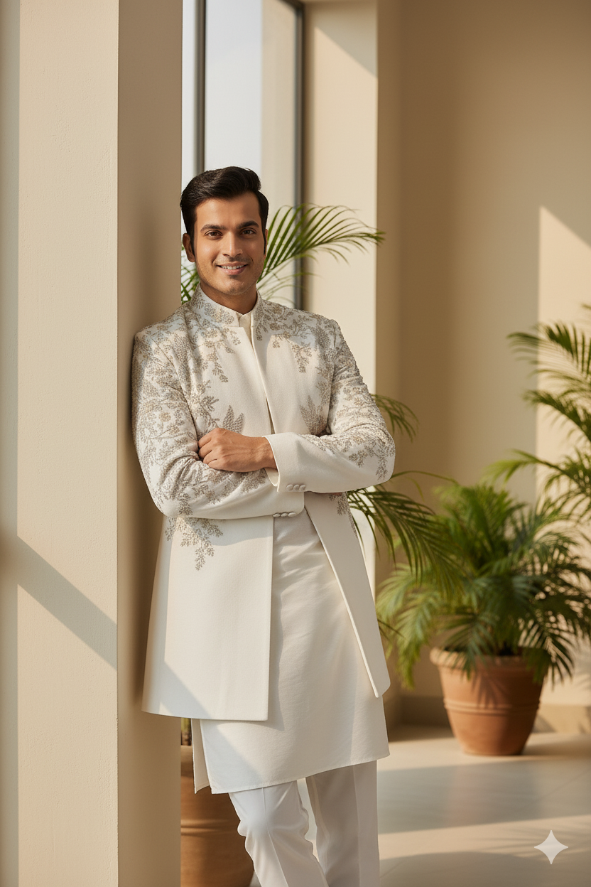 Wedding White Indo Western Achkan Sherwani with Bird Embroidery