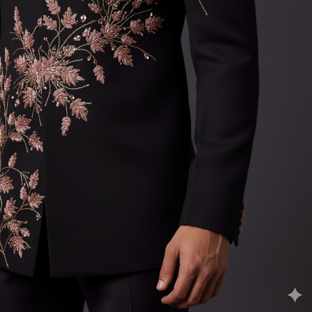 Slim Fit Black Bandhgala with Pink Embroidery