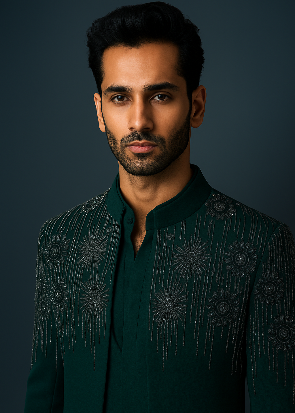 Green Hand Embroidered Indo Western Suit