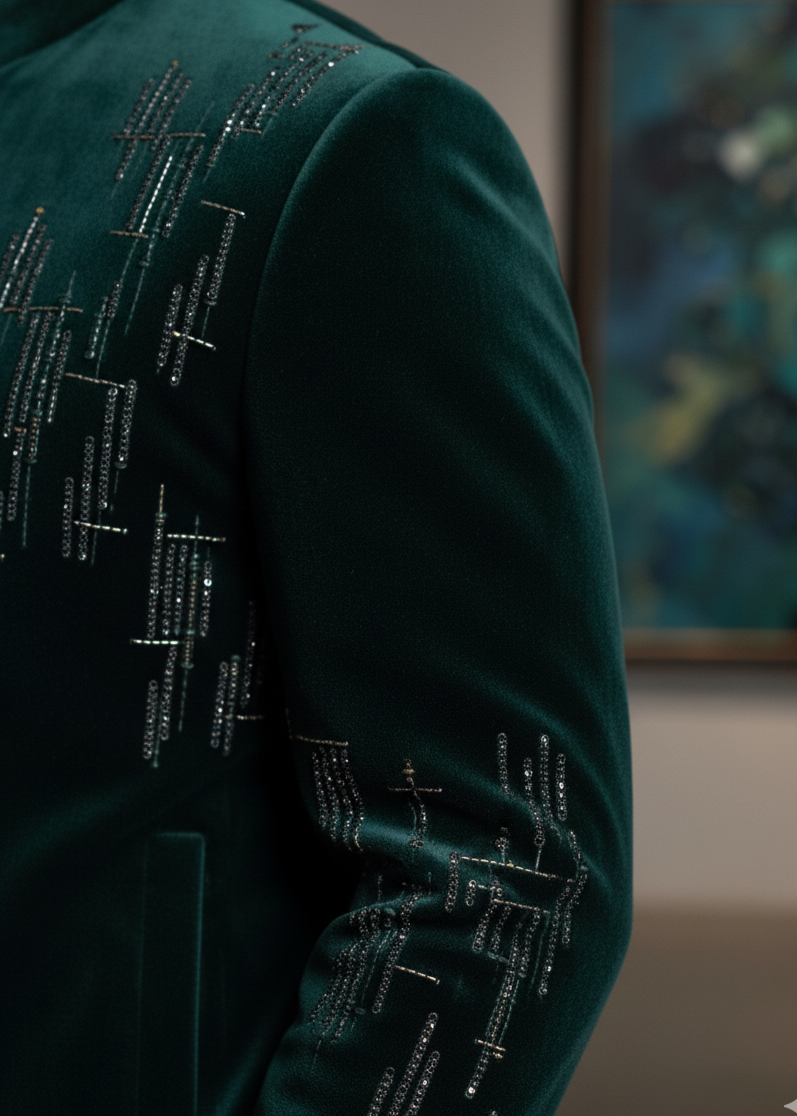 Green Velvet Geometrical Embroidered  Indo Western Suit