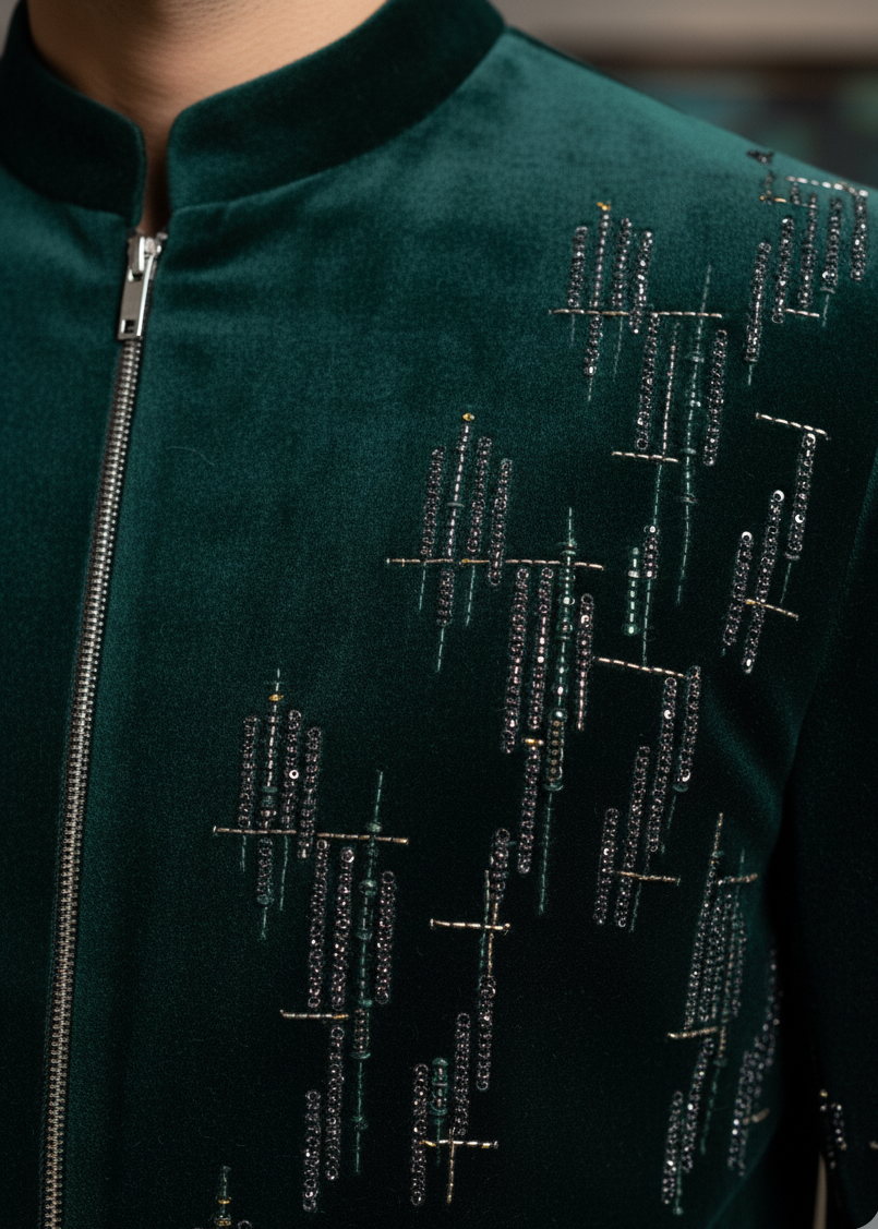 Green Velvet Geometrical Embroidered  Indo Western Suit