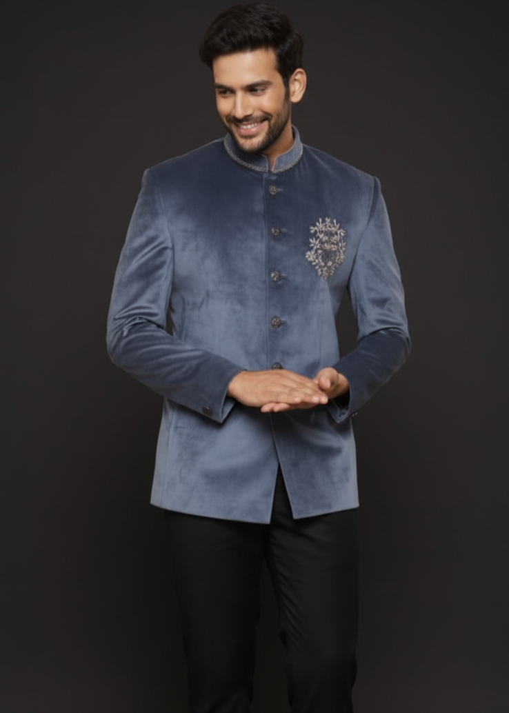 Grey Velvet Jodhpuri Suit with Silver Embroidery