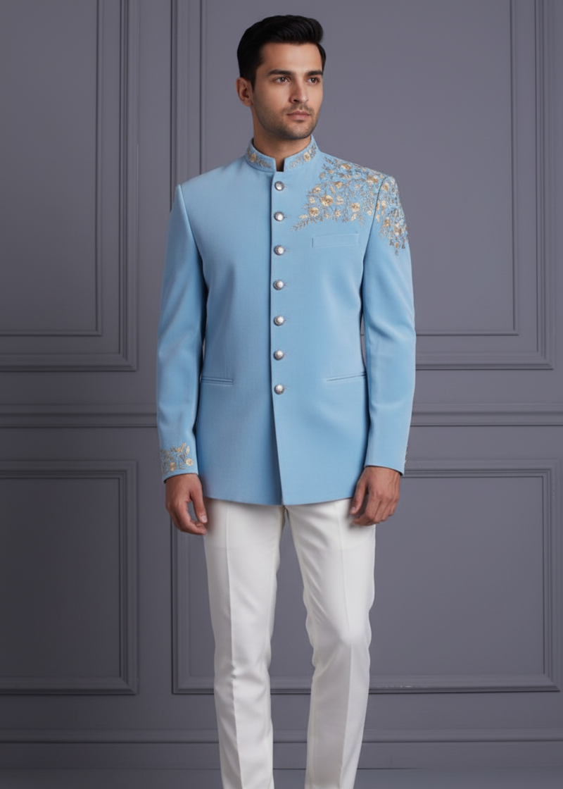 Light Blue Floral Hand Embroidered Bandhgala Suit