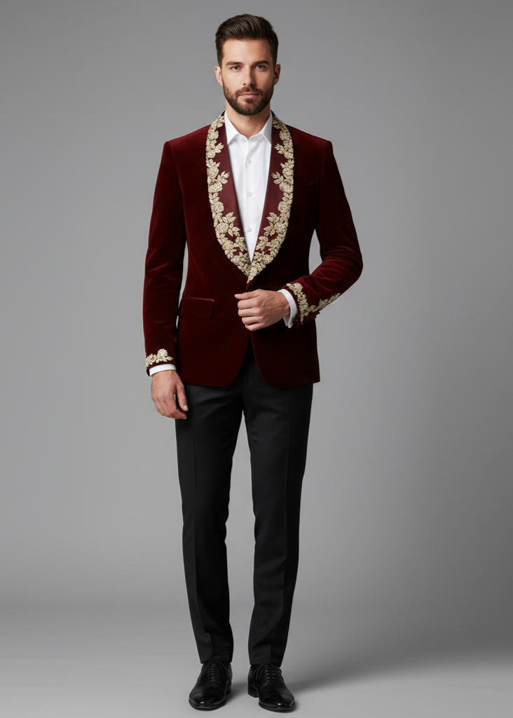 Maroon Velvet Embroidered Shawl Lapel Tuxedo