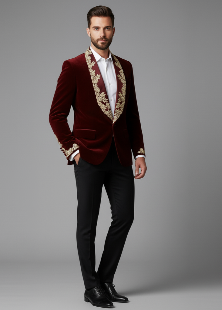 Maroon Velvet Embroidered Shawl Lapel Tuxedo