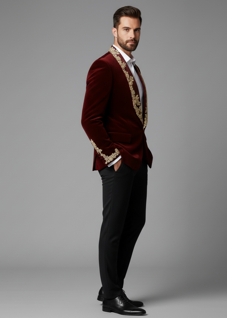 Maroon Velvet Embroidered Shawl Lapel Tuxedo