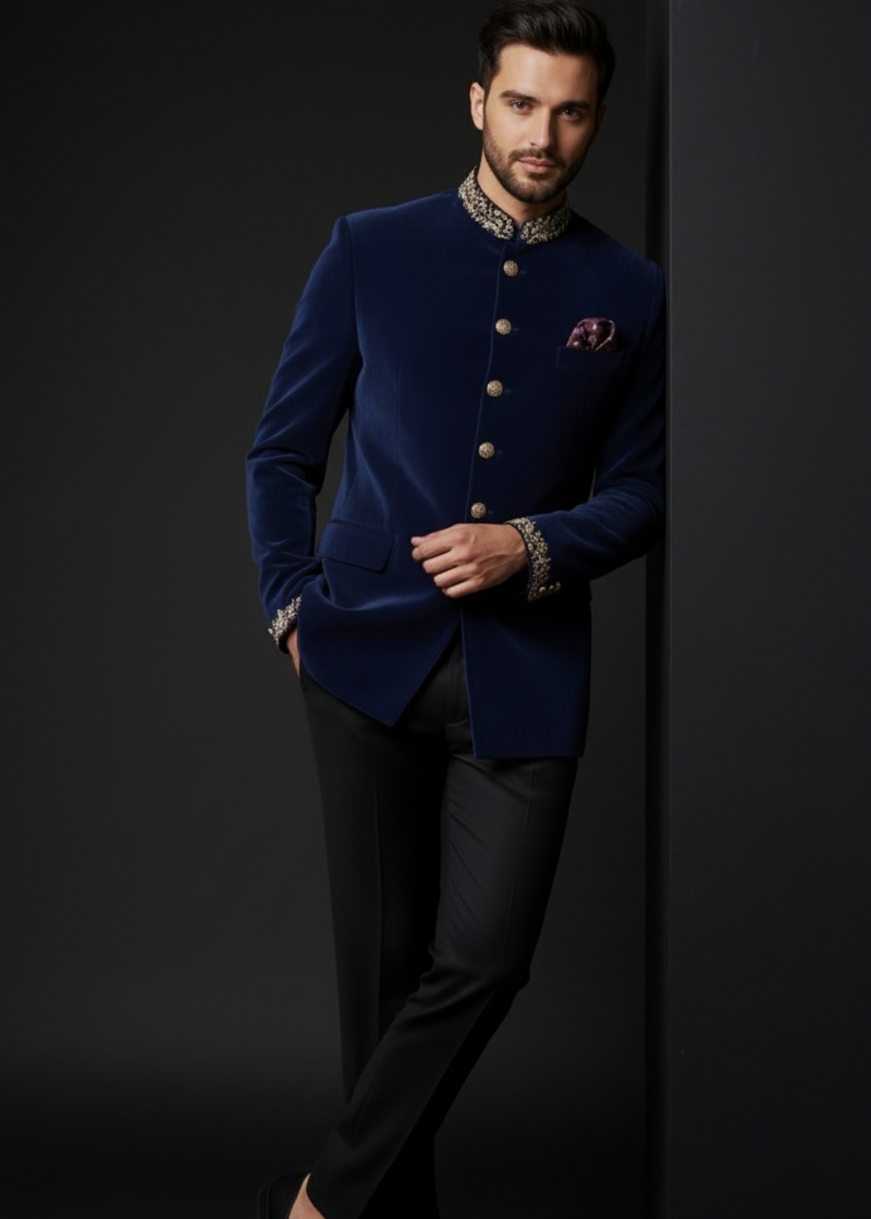 Navy Blue Bandhgala with Gold Embroidery