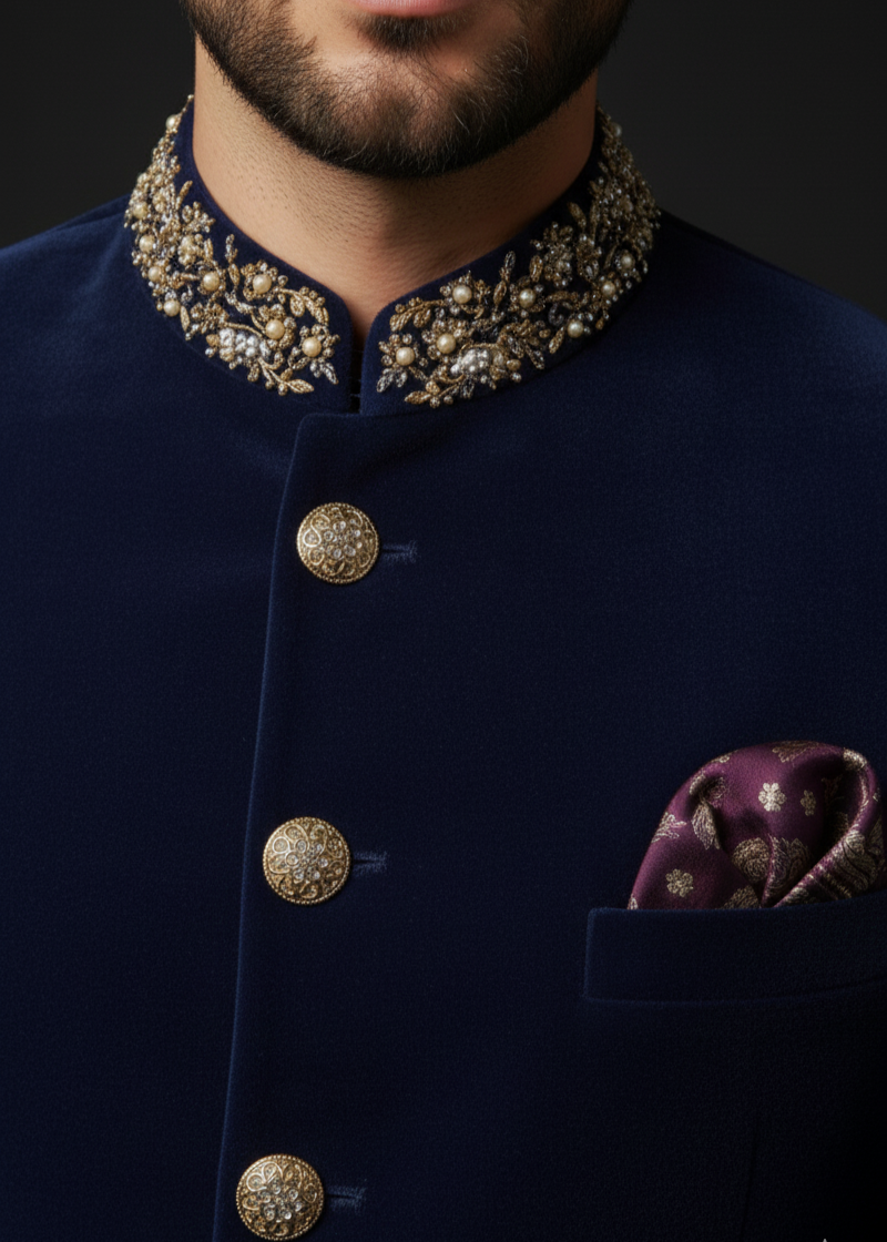 Navy Blue Bandhgala with Gold Embroidery