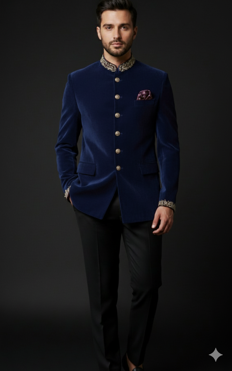 Navy Blue Bandhgala with Gold Embroidery
