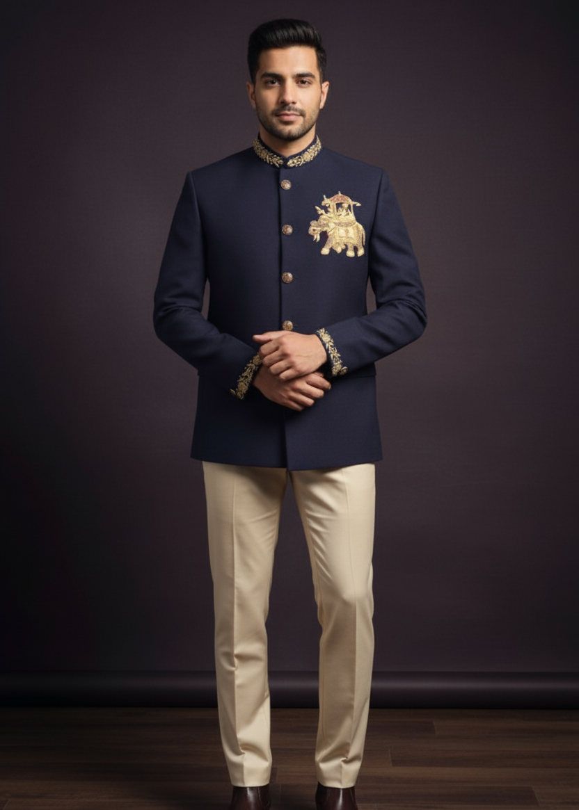 Navy Blue Elephant Embroidered Bandhgala