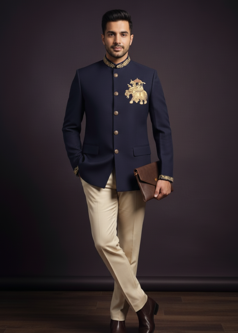 Navy Blue Elephant Embroidered Bandhgala