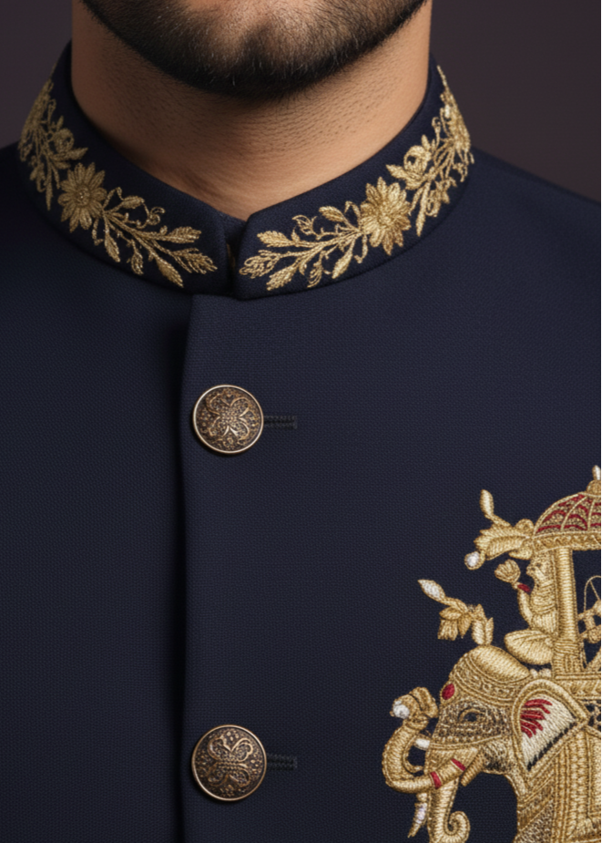 Navy Blue Elephant Embroidered Bandhgala