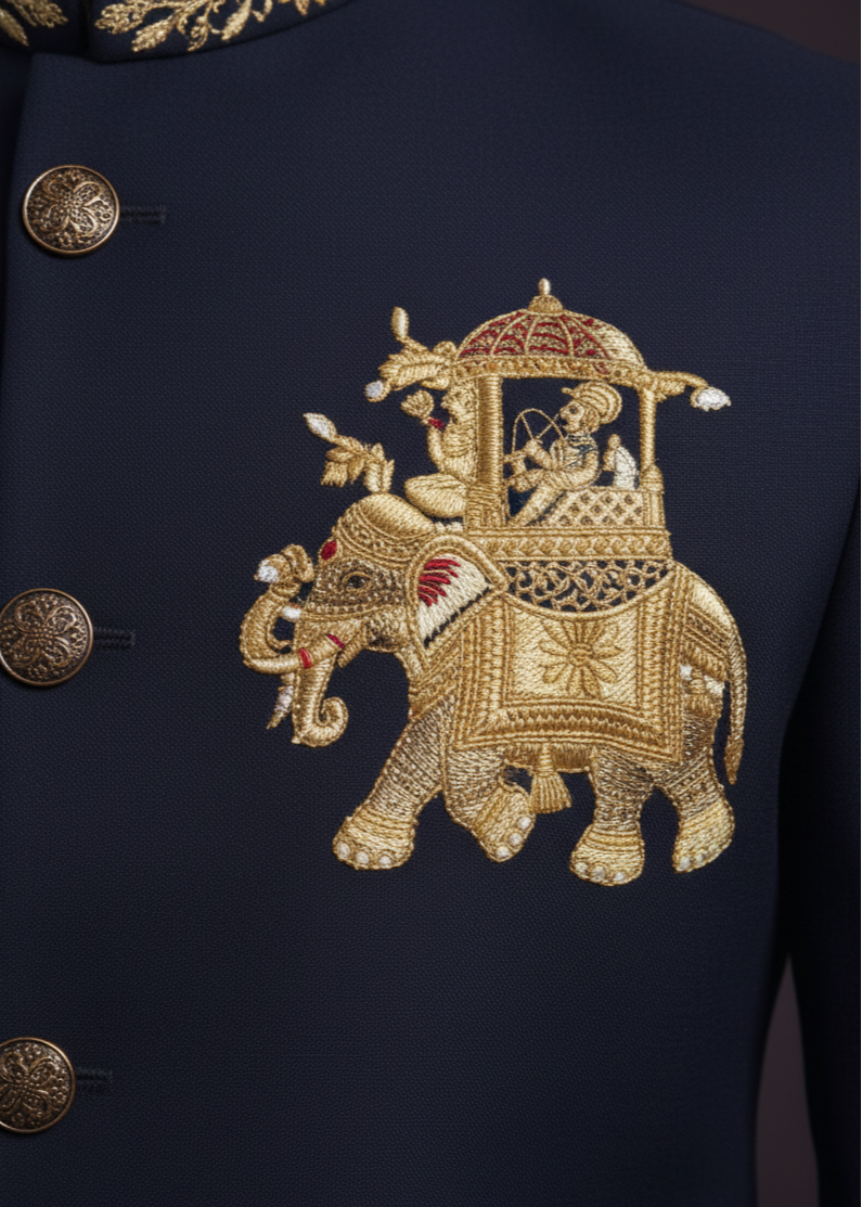 Navy Blue Elephant Embroidered Bandhgala