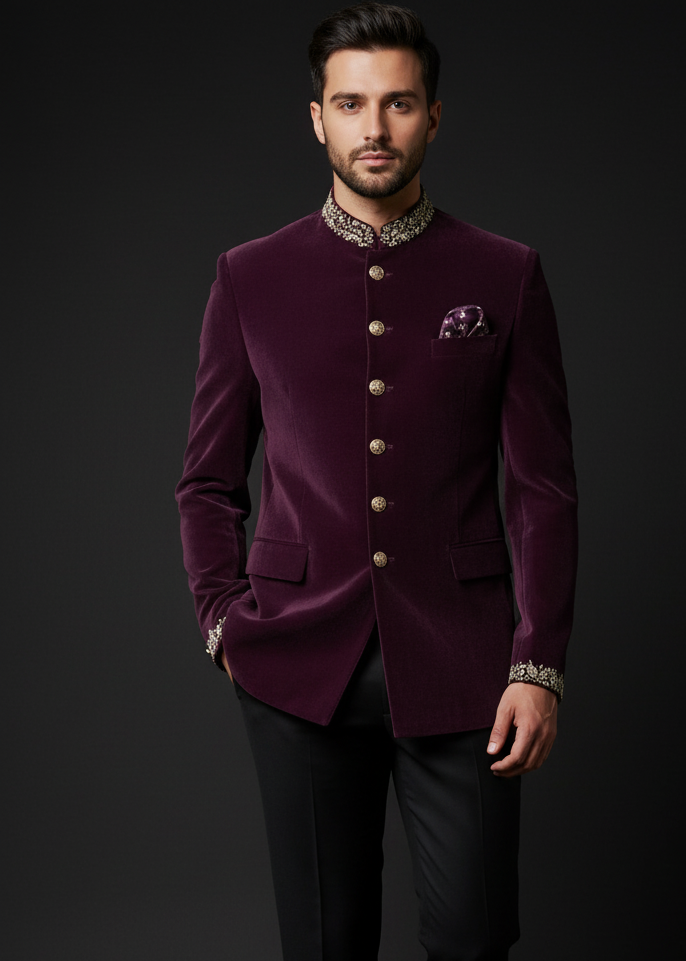 Purple Velvet Jodhpuri Suit  with Gold Embroidery