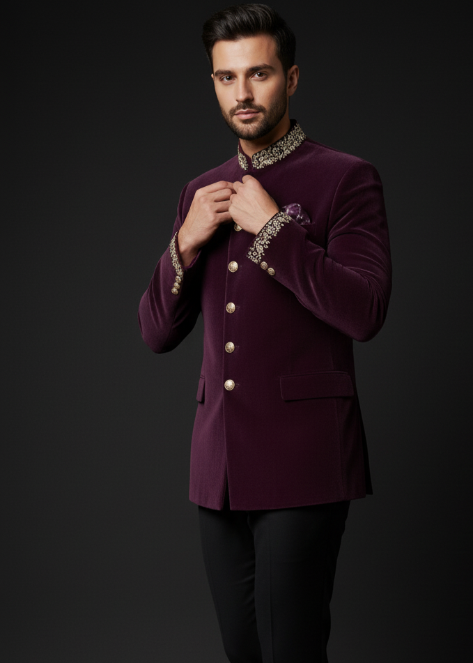 Purple Velvet Jodhpuri Suit  with Gold Embroidery