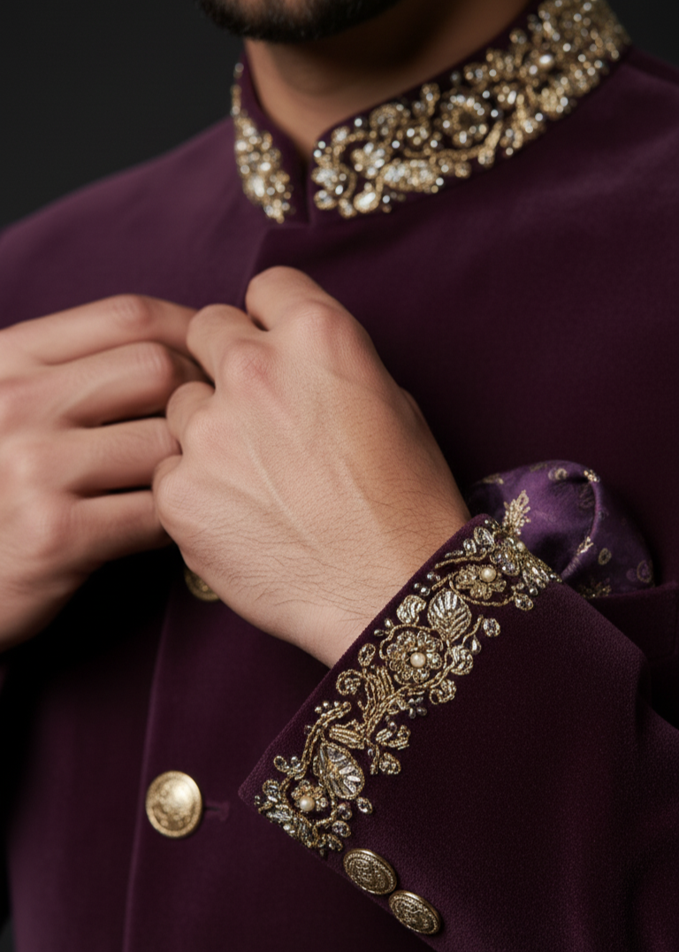 Purple Velvet Jodhpuri Suit  with Gold Embroidery