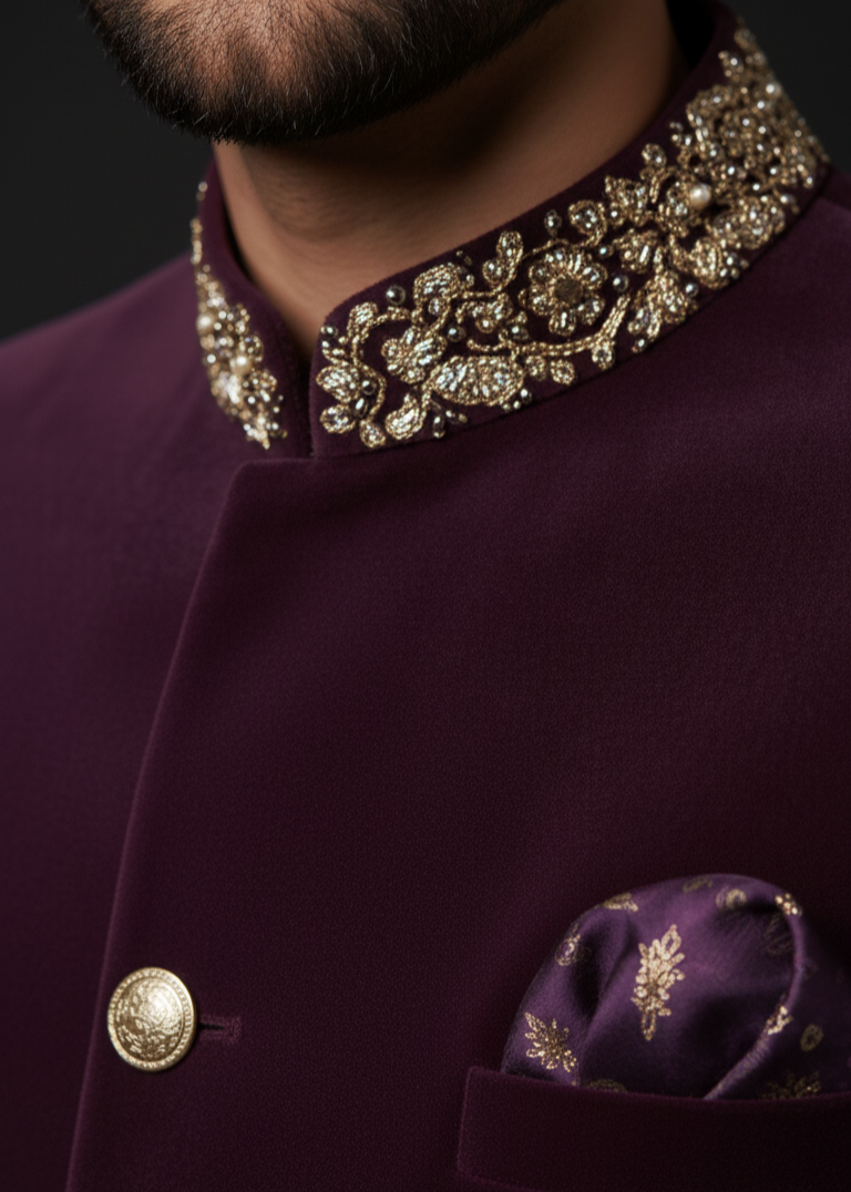 Purple Velvet Jodhpuri Suit  with Gold Embroidery