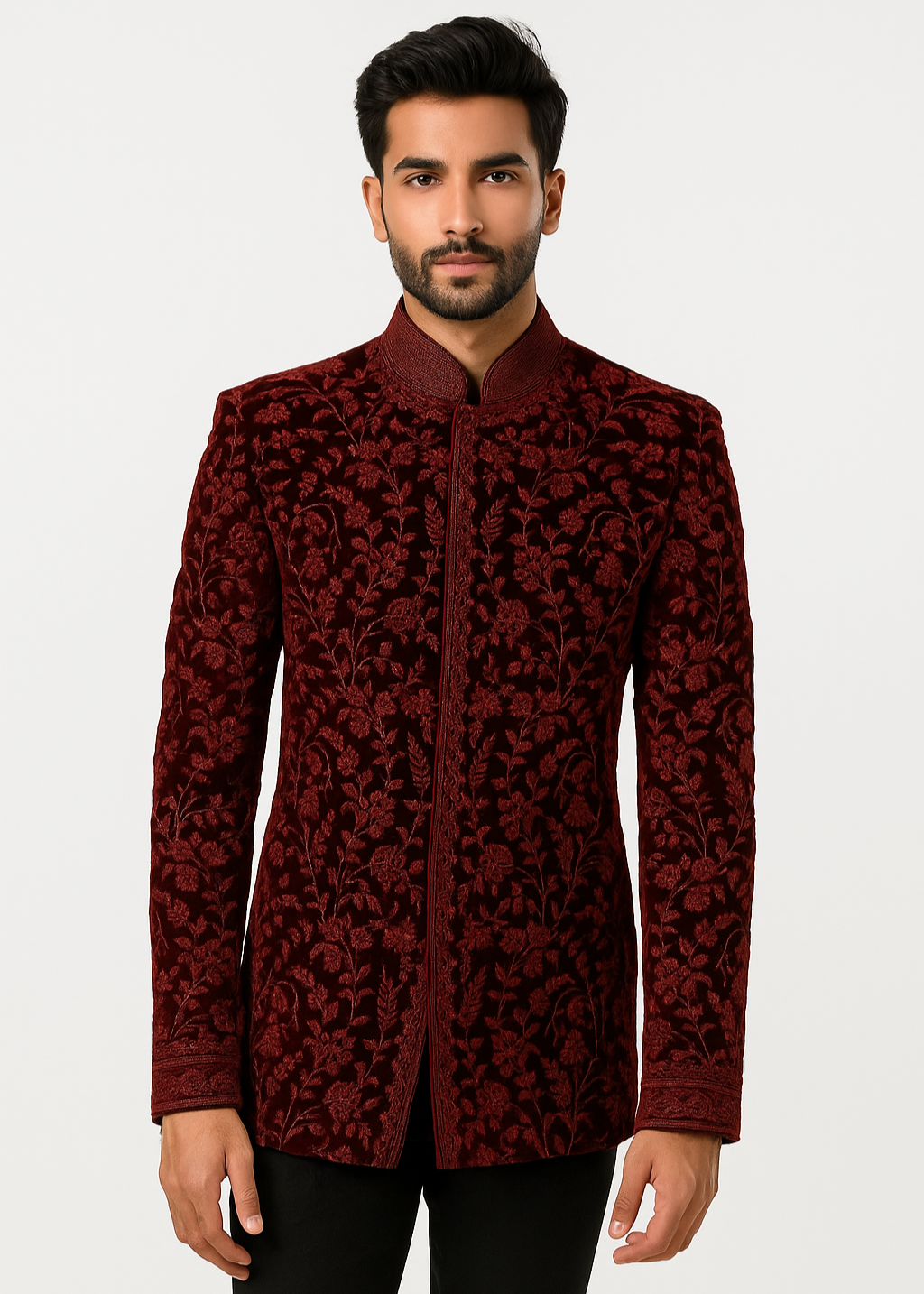 Red Embroidered Bandhgala in Black