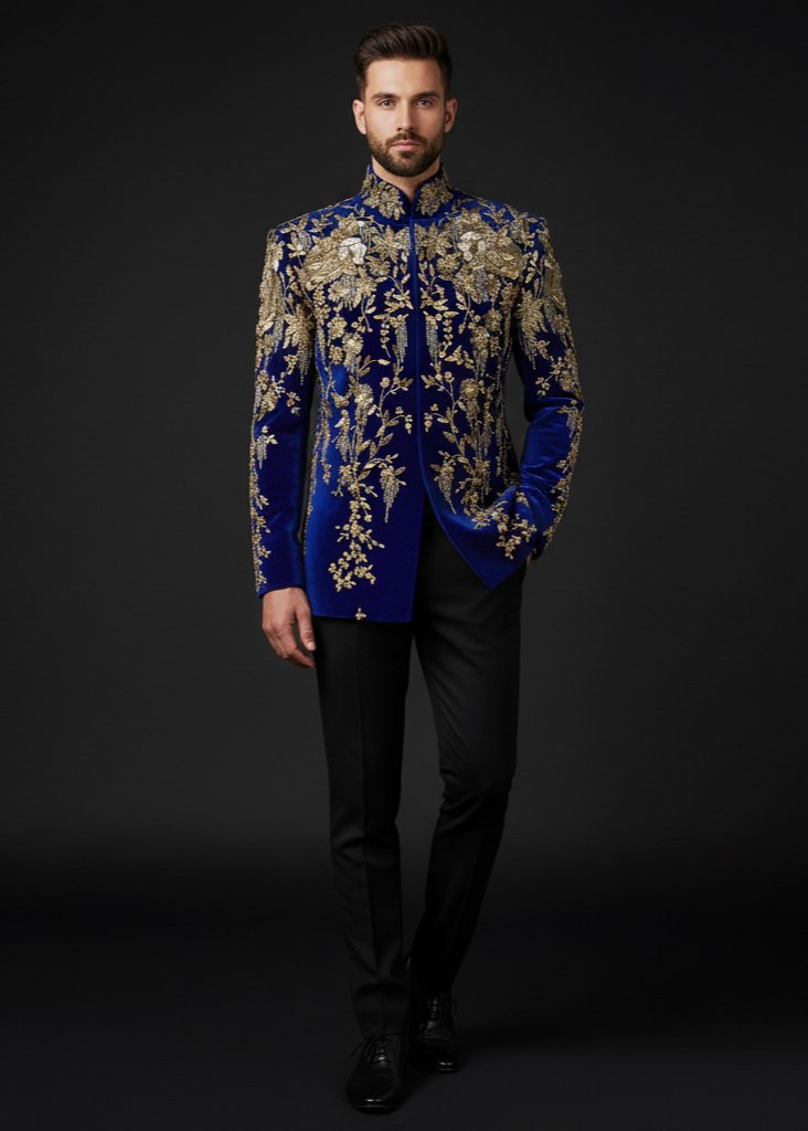 Hand Embroidered Royal Blue Luxury Bandhgala Suit in Velvet