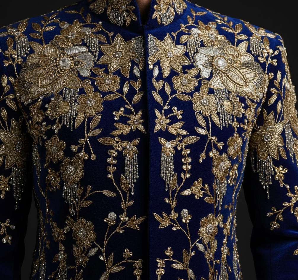 Hand Embroidered Royal Blue Luxury Bandhgala Suit in Velvet