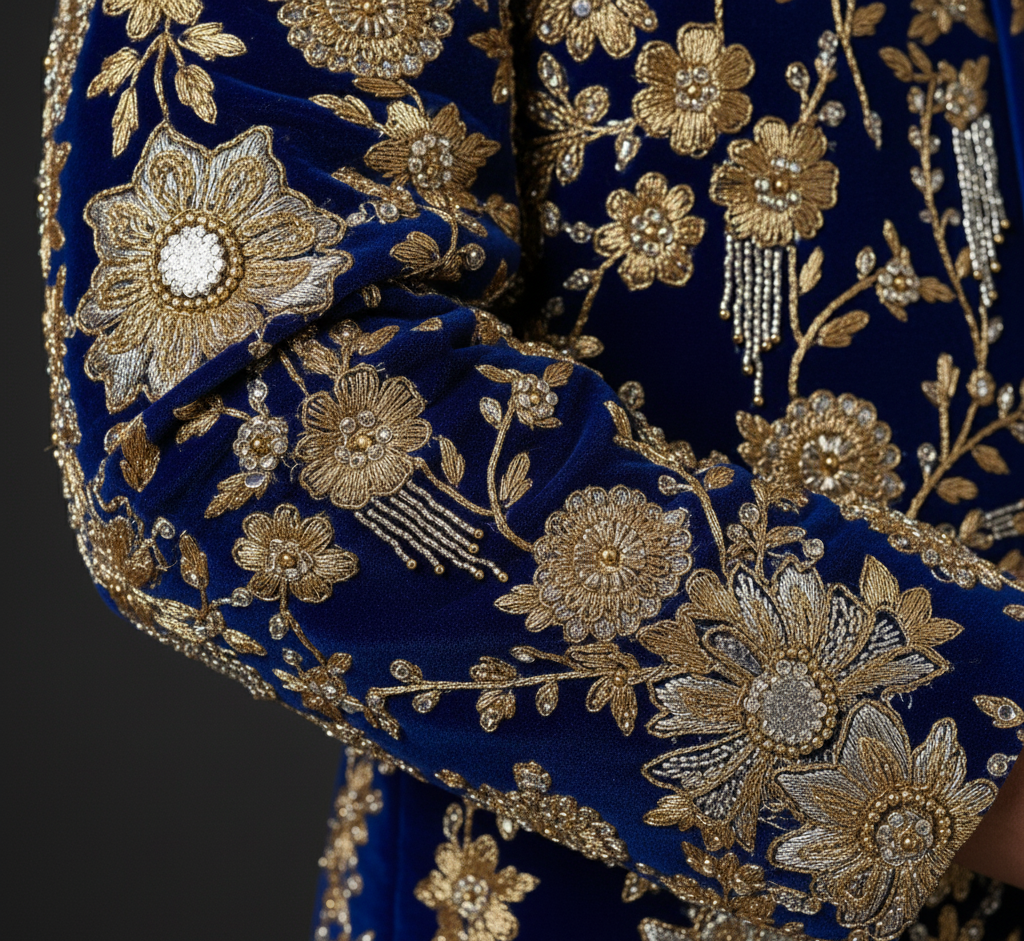 Hand Embroidered Royal Blue Luxury Bandhgala Suit in Velvet