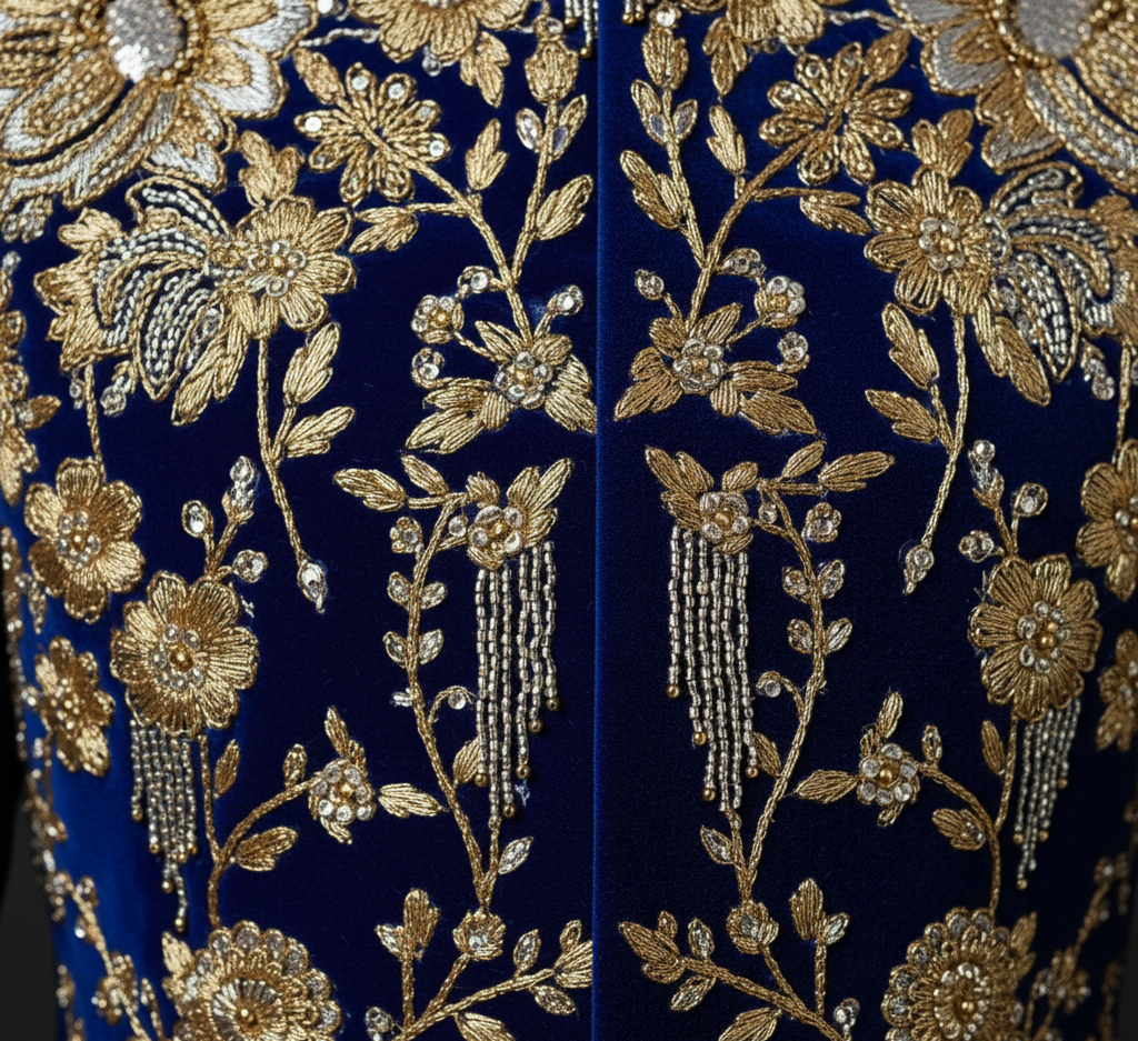 Hand Embroidered Royal Blue Luxury Bandhgala Suit in Velvet