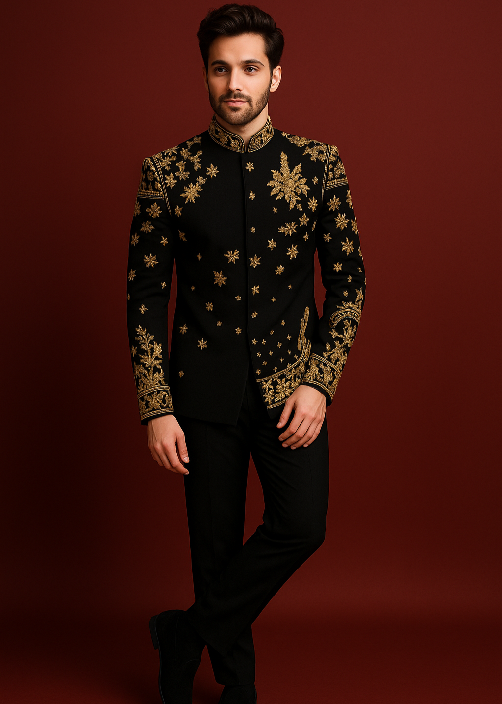 Slim Black Gold Embellished Zardozi Bandhgala Suit for Wedding