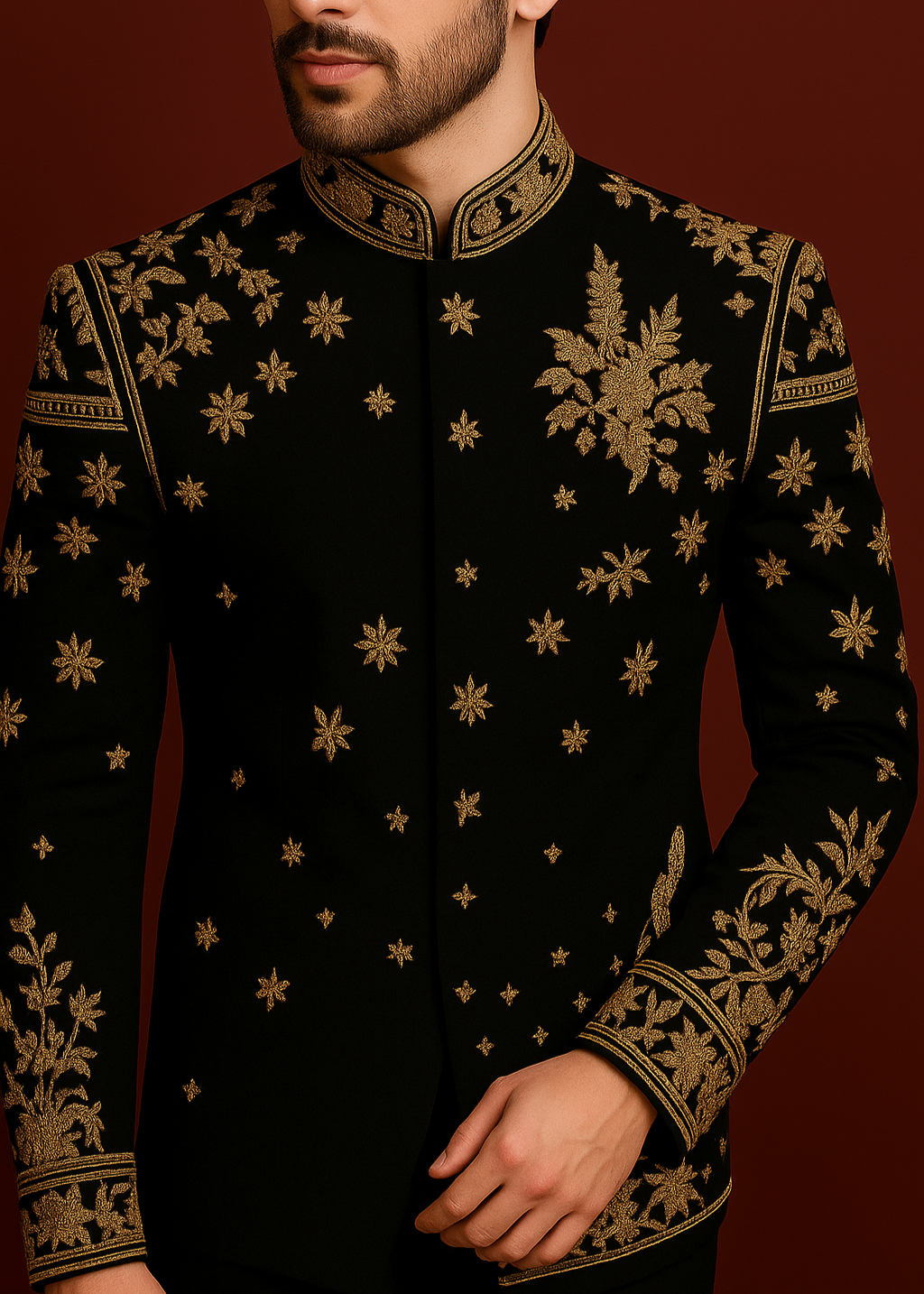 Slim Black Gold Embellished Zardozi Bandhgala Suit for Wedding