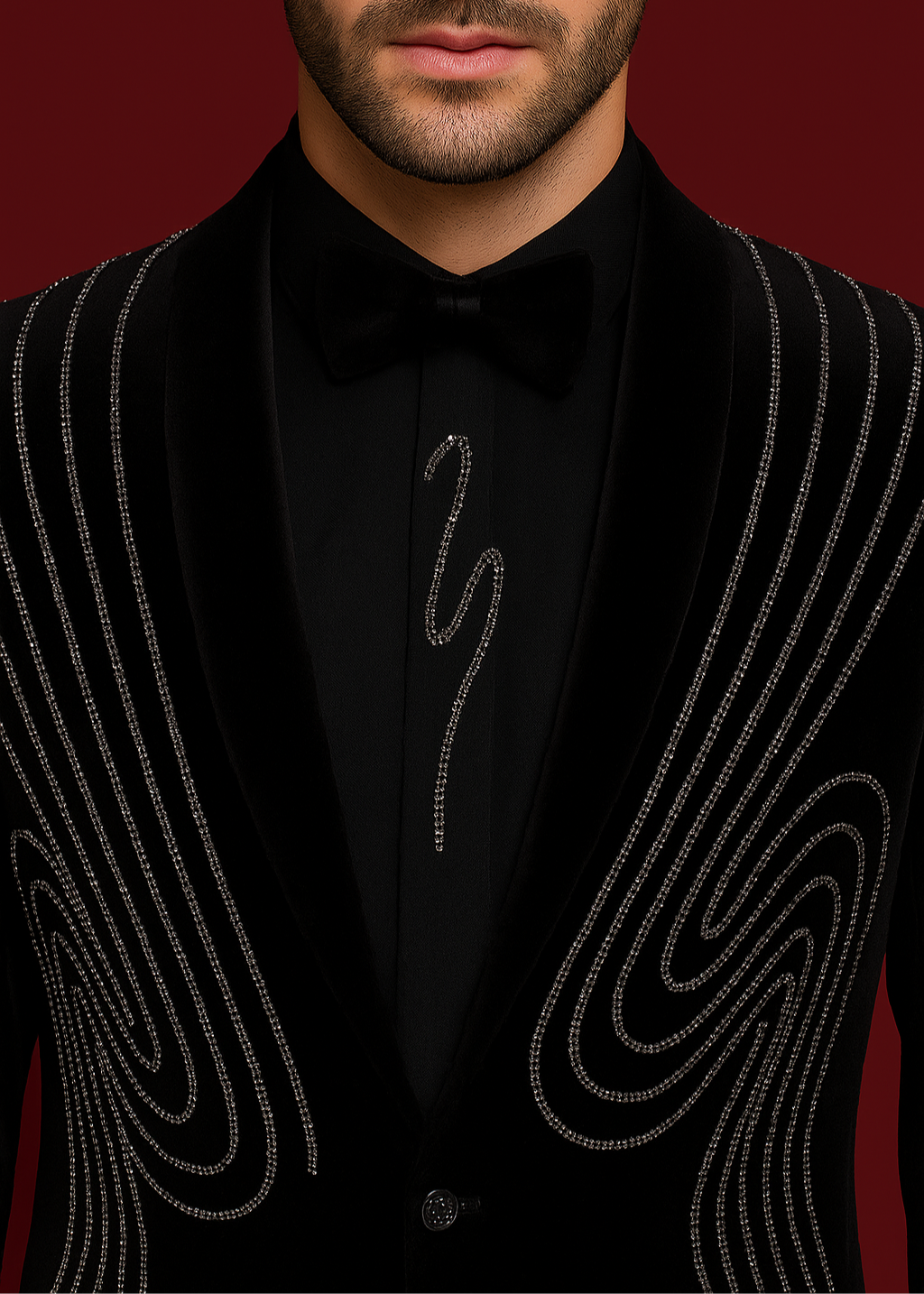 Slim Fit Black Geometric Embroidered Tuxedo