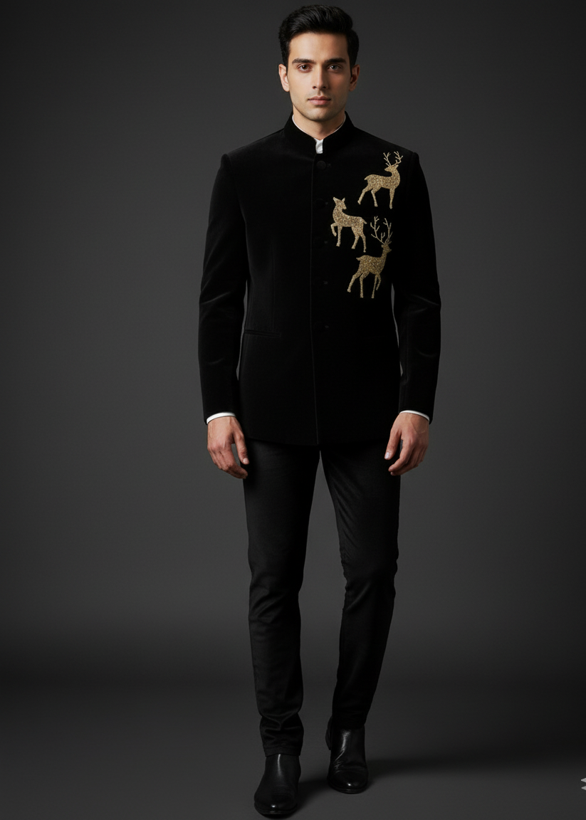 Slim Fit Black Velvet Deer Embroidered Bandhgala Suit
