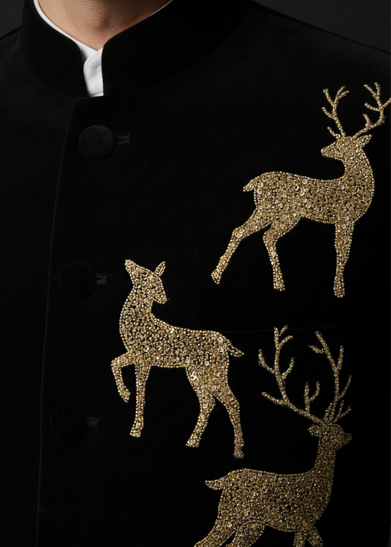 Slim Fit Black Velvet Deer Embroidered Bandhgala Suit