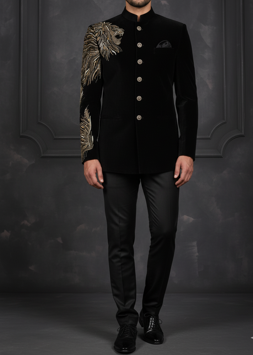 Slim Fit Black Velvet Lion Embroidered Bandhgala Suit