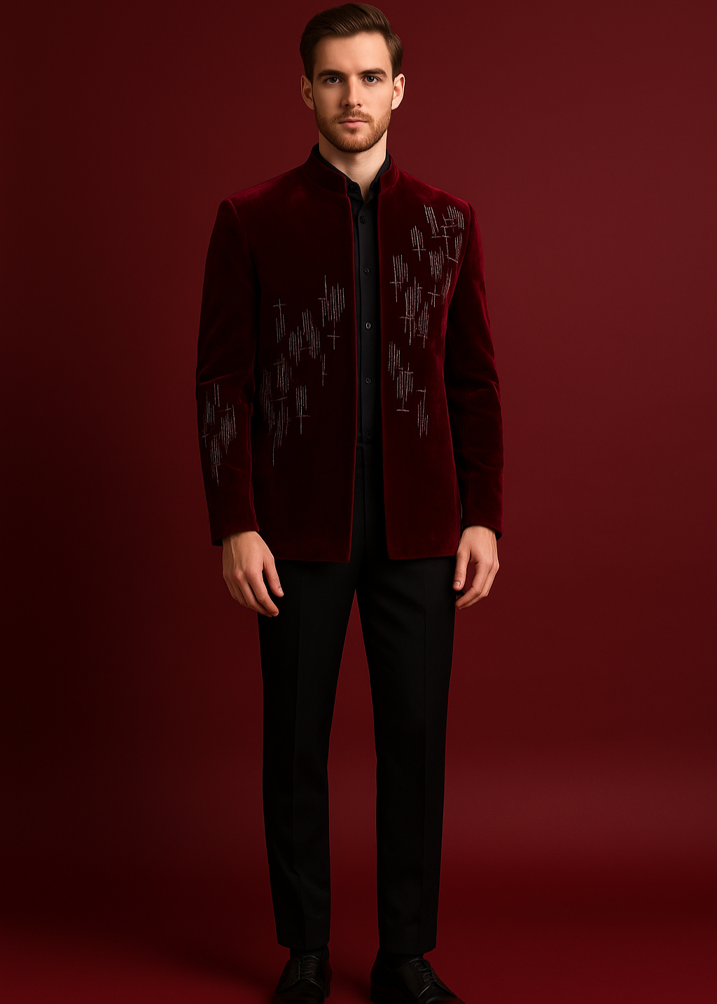 Slim Fit Embroidered Burgundy Velvet Indo Western Jacket Suit
