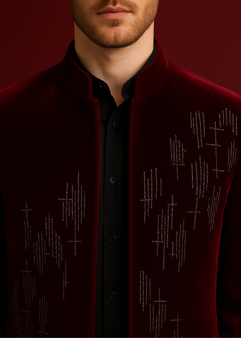 Slim Fit Embroidered Burgundy Velvet Indo Western Jacket Suit