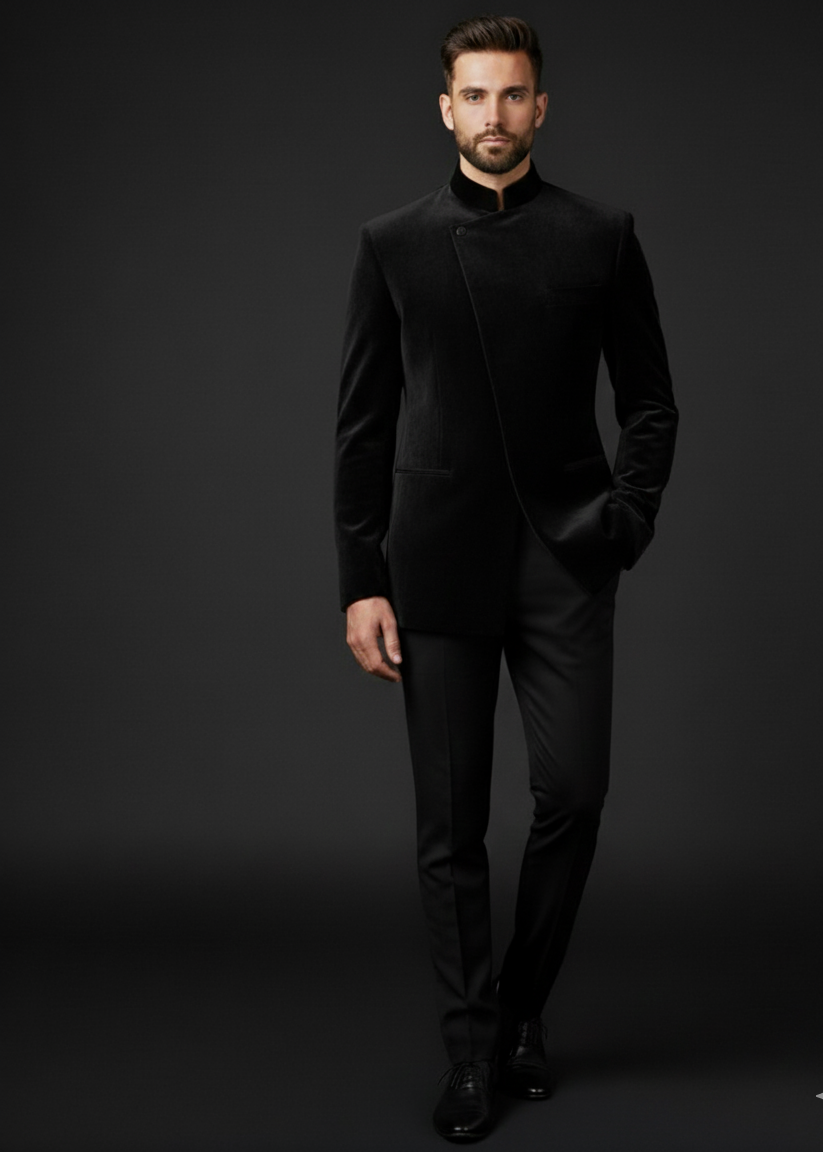 Slim Fit Solid Black Velvet Bandhgala