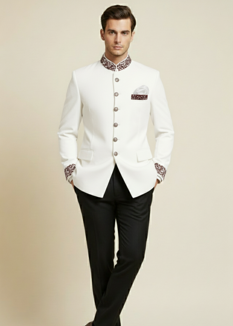 Slim White Jodhpuri Suit with Maroon Embroidery