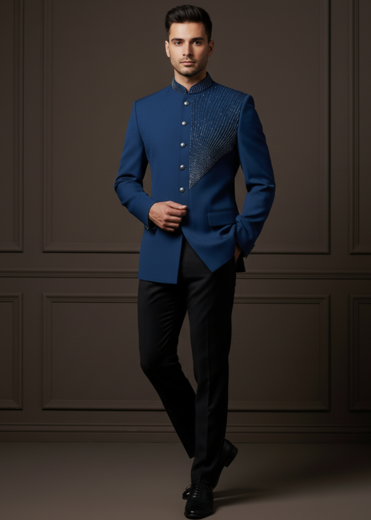 Teal Blue Cutdana Embroidered Bandhgala