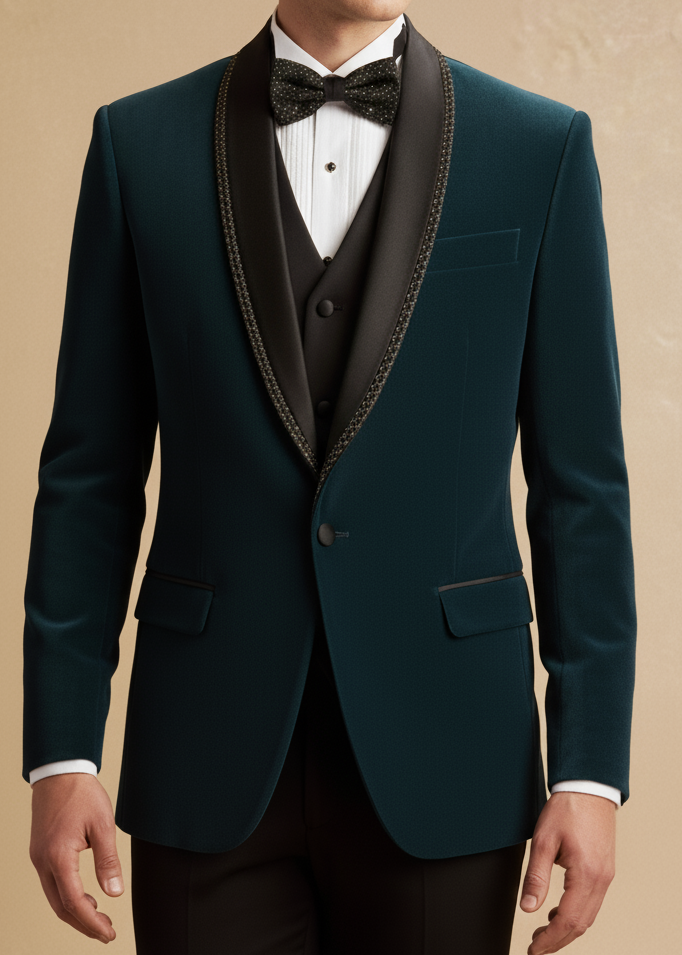 Teal Blue Shawl Lapel Cutdana Embroidered Tuxedo