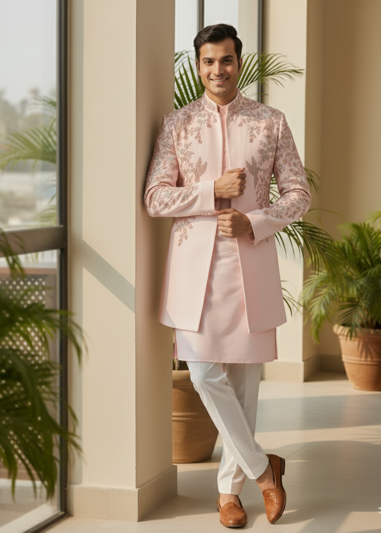 Wedding Pink Indo Western Achkan Sherwani with Bird Embroidery